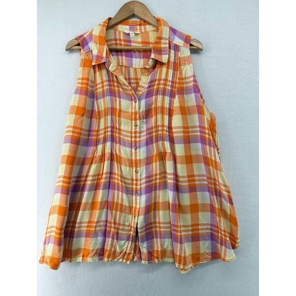 Terra & Sky Tops - Terra & Sky Size 2X Plaid Button Down Sleeveless Shirt Orange/ Pink